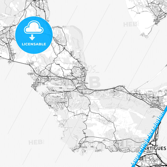 Martigues, France light map with streetnames, citynames and districts