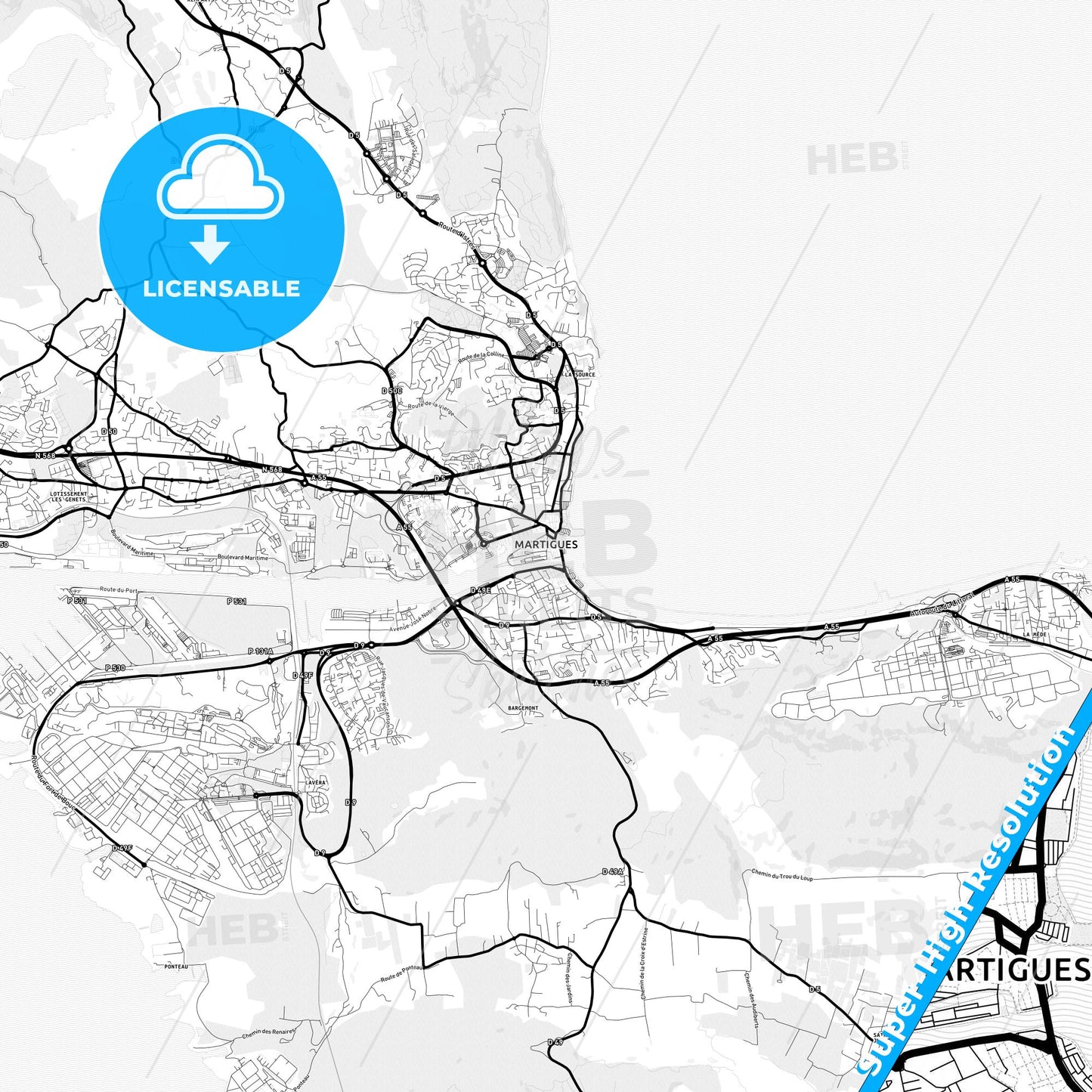 Martigues, France Light Map with Street Names, City Names, and Districts