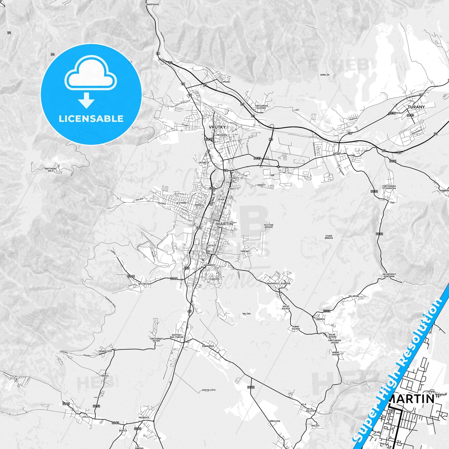 Martin, Slovakia light map with streetnames, citynames and districts