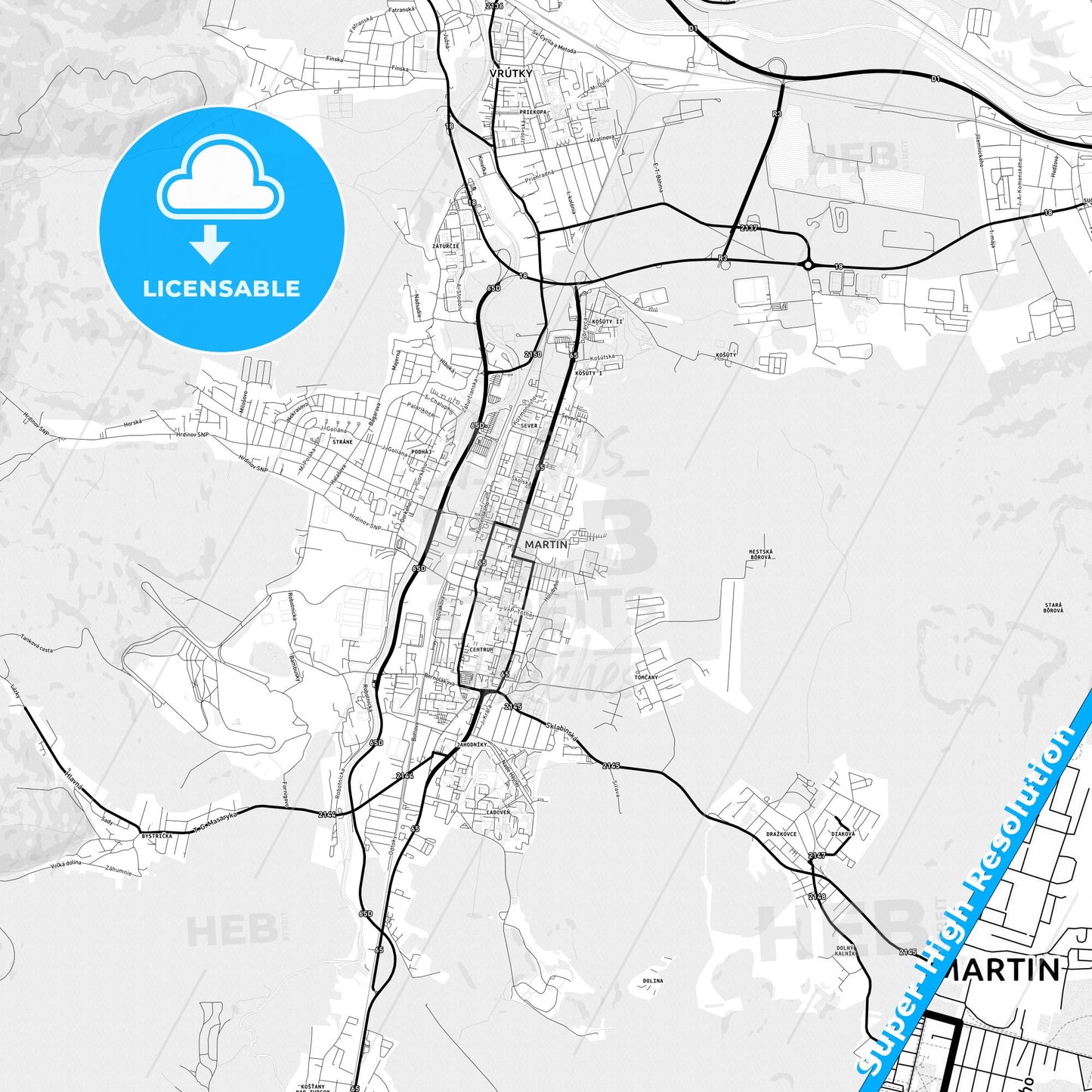 Martin, Slovakia Light Map with Street Names, City Names, and Districts
