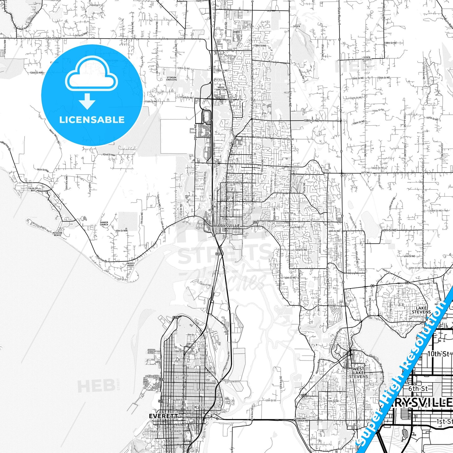 Marysville, Washington light map with streetnames, citynames and districts