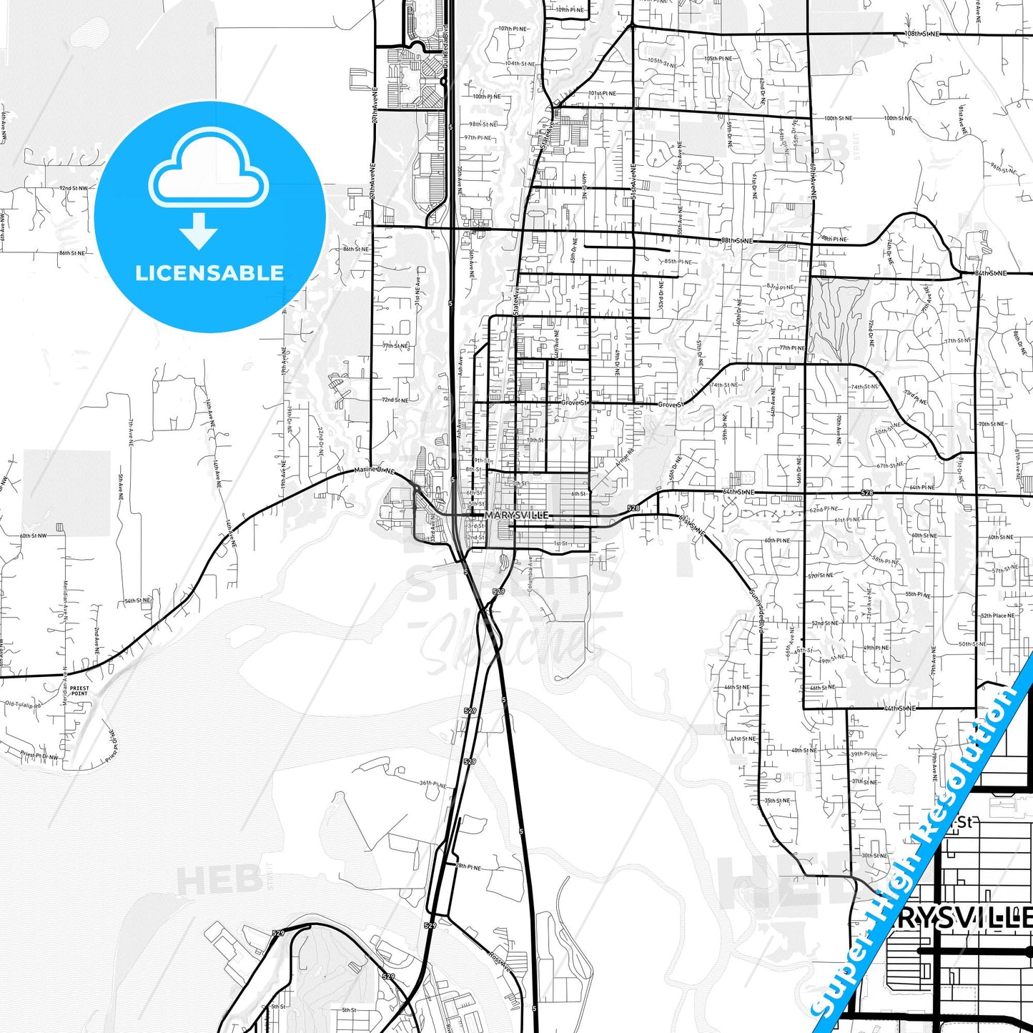 Marysville, Washington Light Map with Street Names, City Names, and Districts