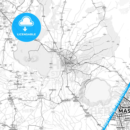 Masaya, Nicaragua light map with streetnames, citynames and districts