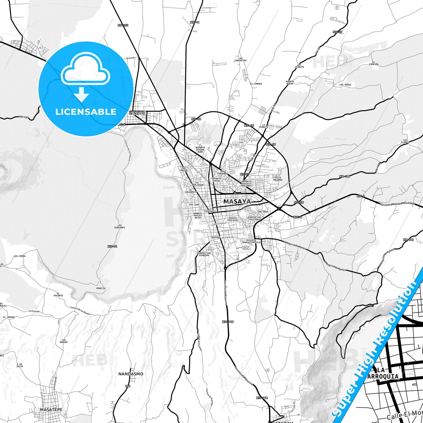 Masaya, Nicaragua Light Map with Street Names, City Names, and Districts