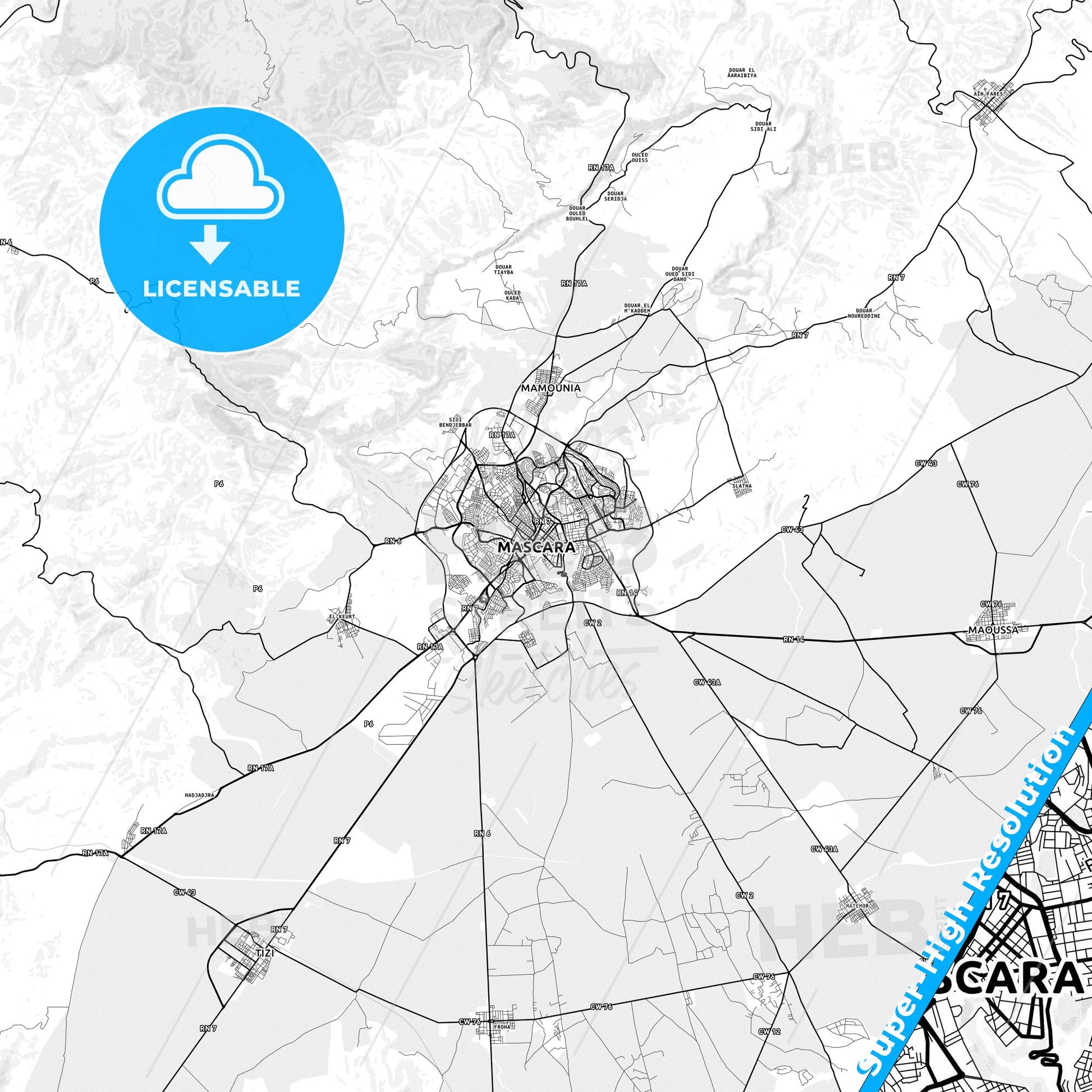 Mascara, Algeria light map with streetnames, citynames and districts