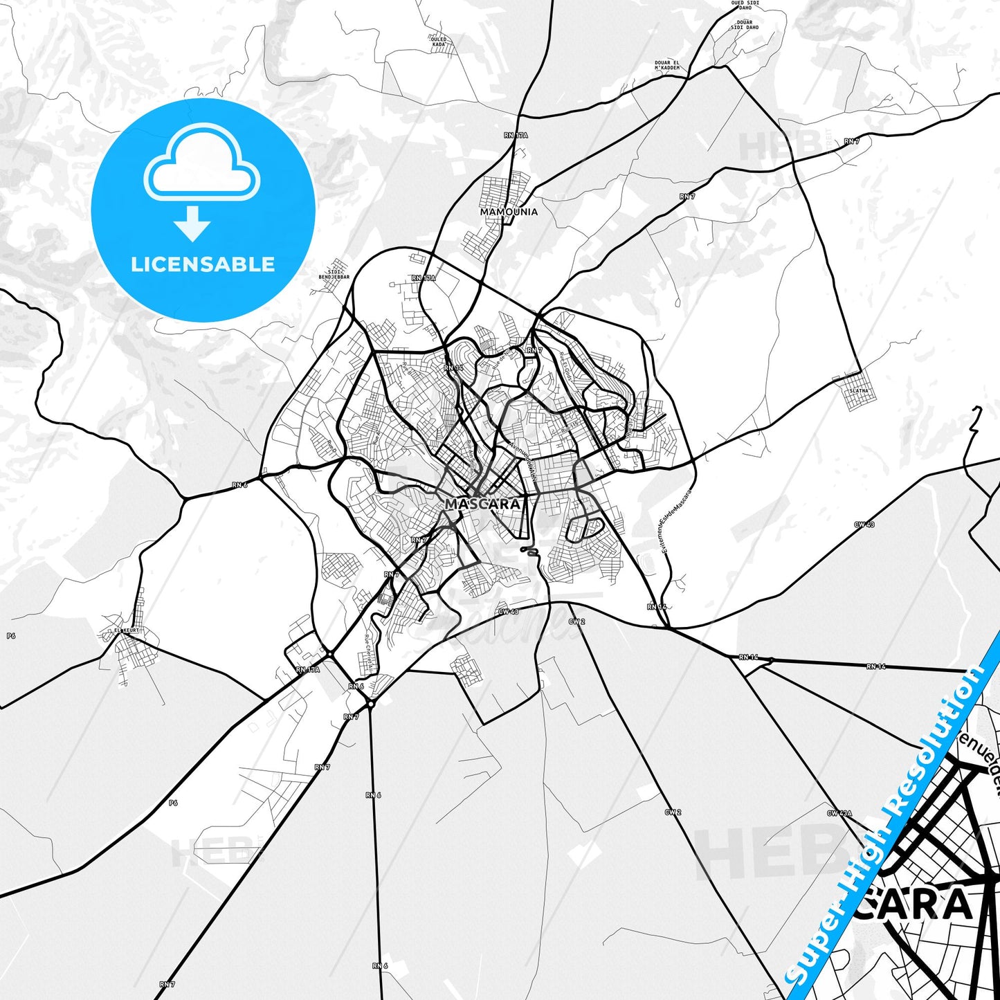 Mascara, Algeria Light Map with Street Names, City Names, and Districts