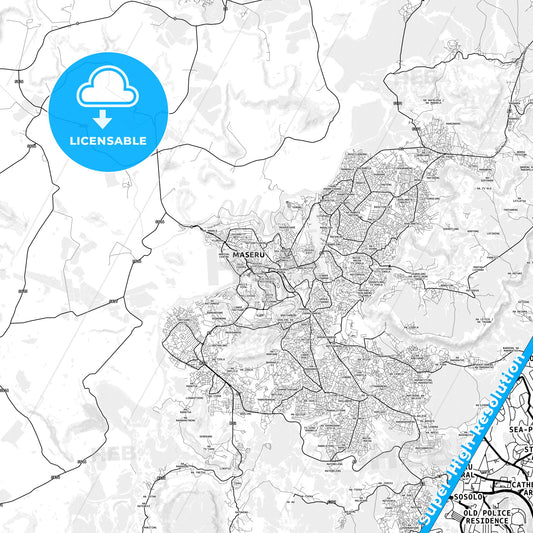 Maseru, Lesotho light map with streetnames, citynames and districts