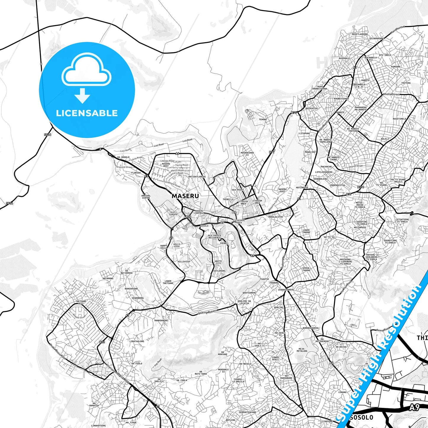 Maseru, Lesotho Light Map with Street Names, City Names, and Districts