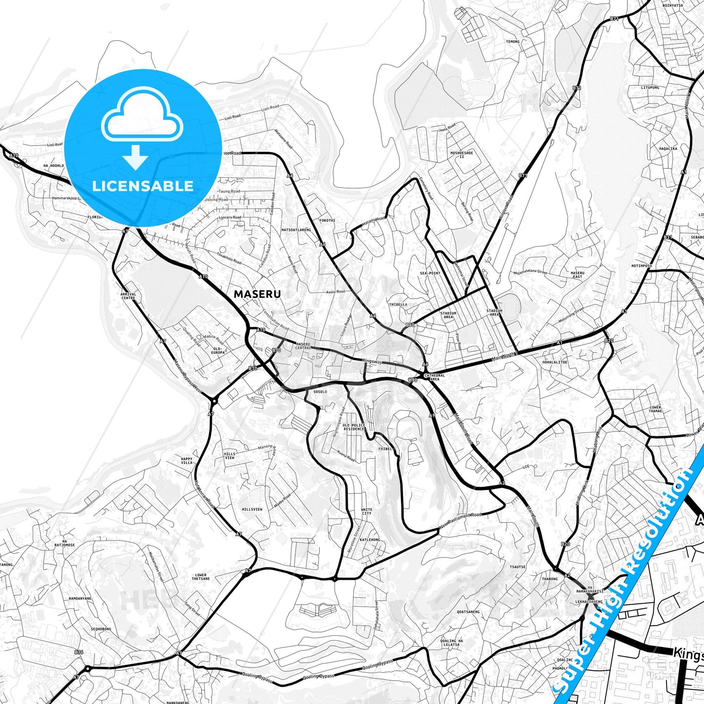 Maseru, Lesotho Light Map with Street Names, City Names, and Districts