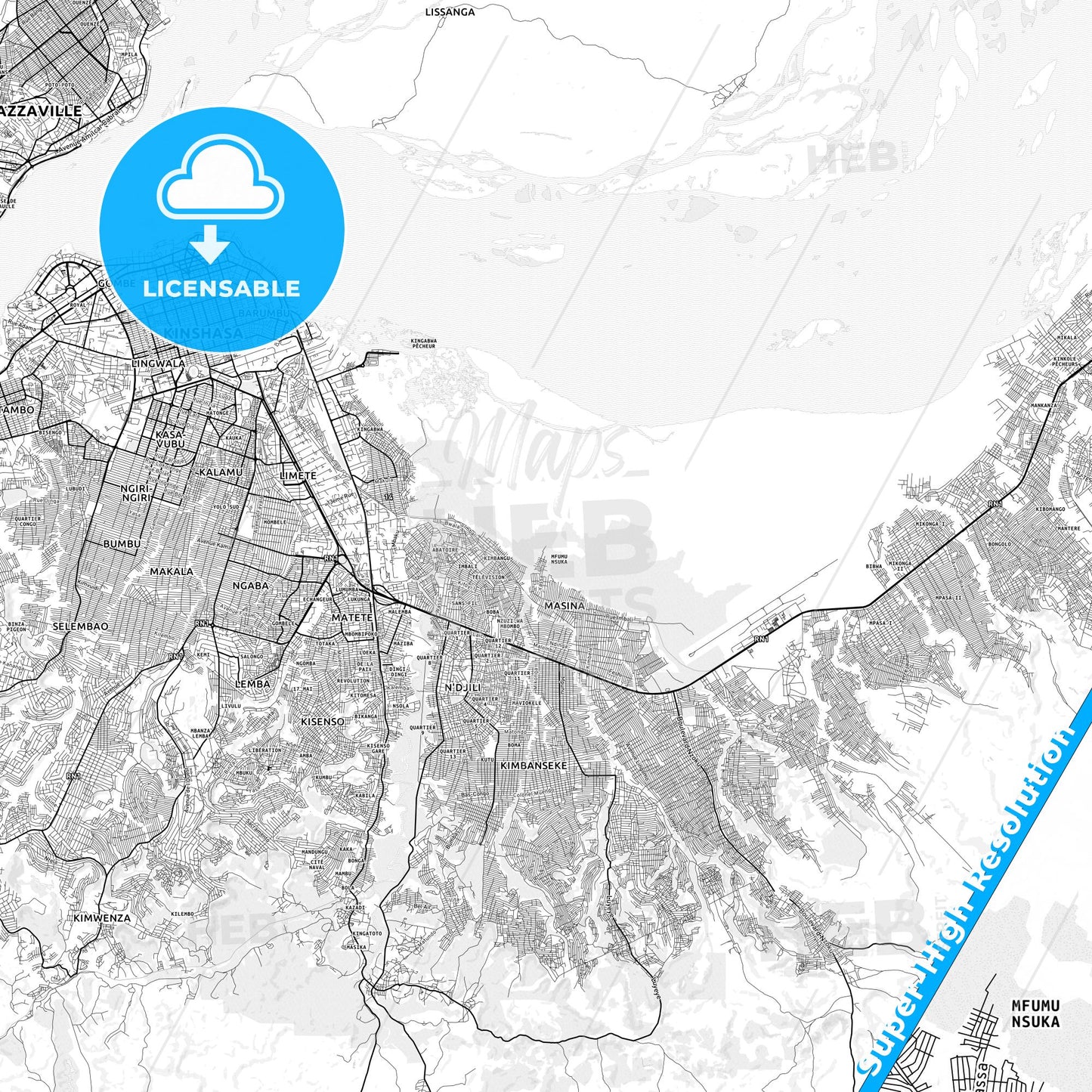 Masina, DR Congo light map with streetnames, citynames and districts