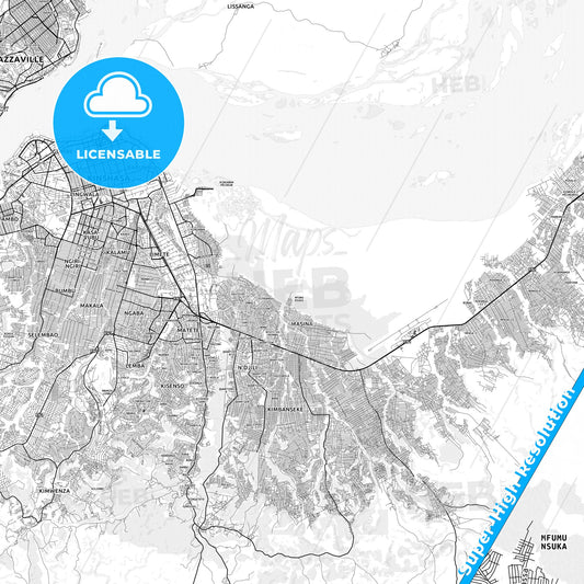 Masina, DR Congo light map with streetnames, citynames and districts