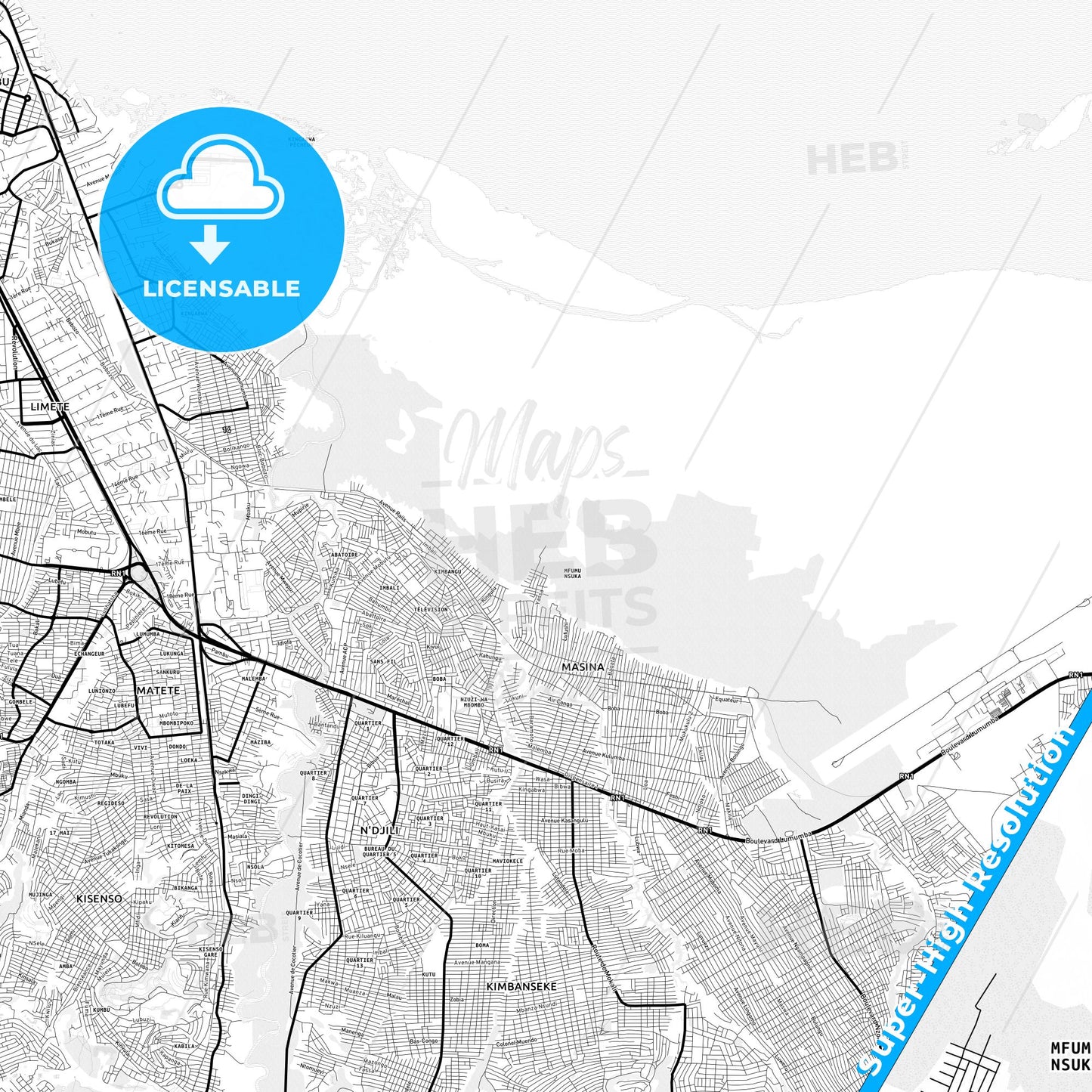 Masina, DR Congo Light Map with Street Names, City Names, and Districts