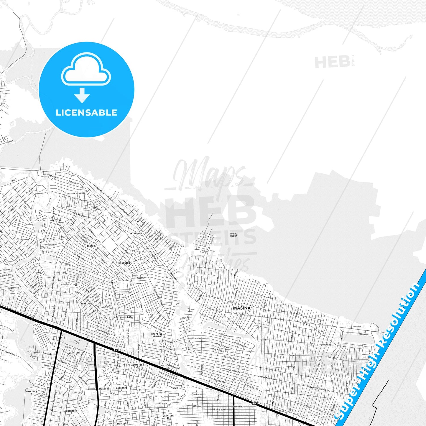 Masina, DR Congo Light Map with Street Names, City Names, and Districts