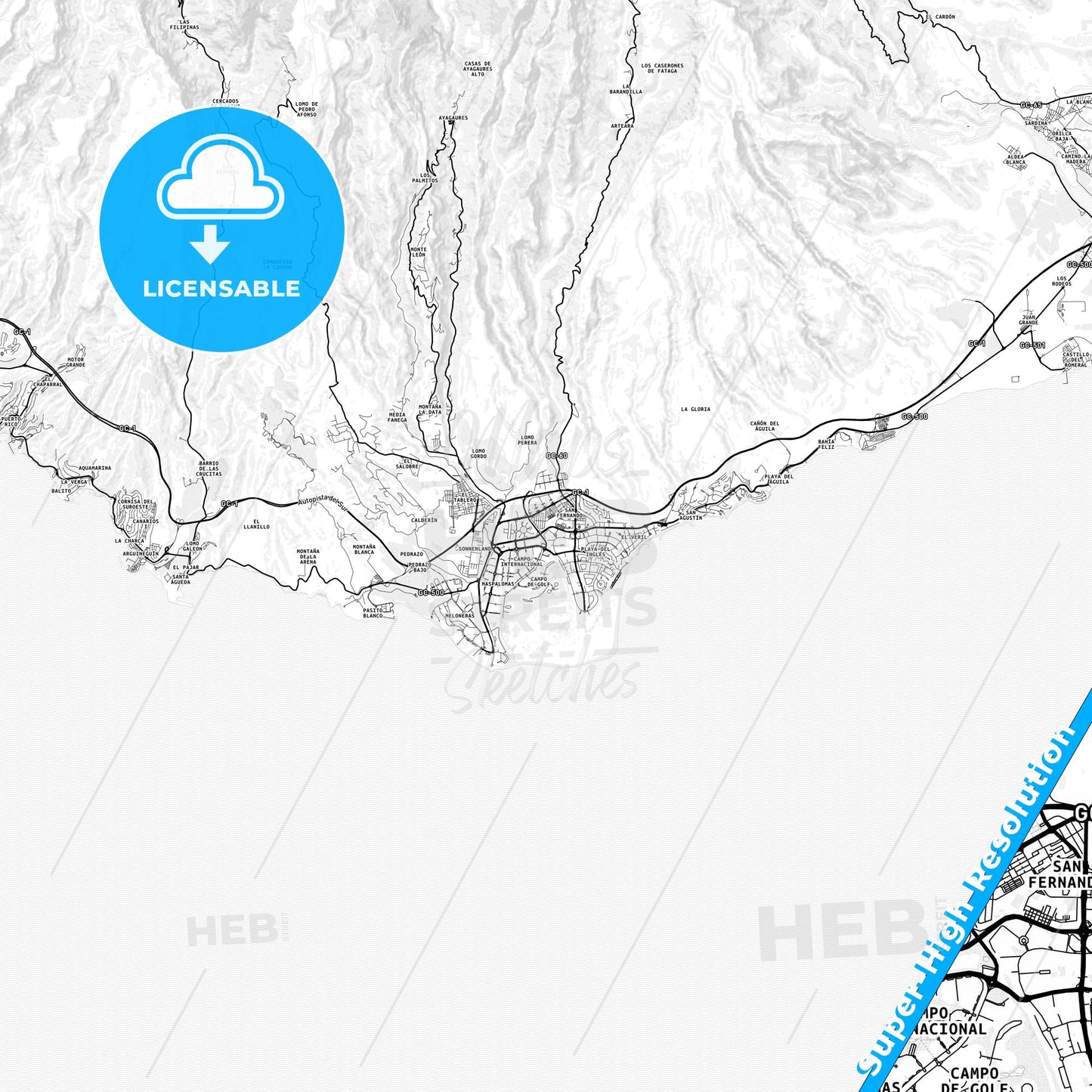 Maspalomas, Spain light map with streetnames, citynames and districts