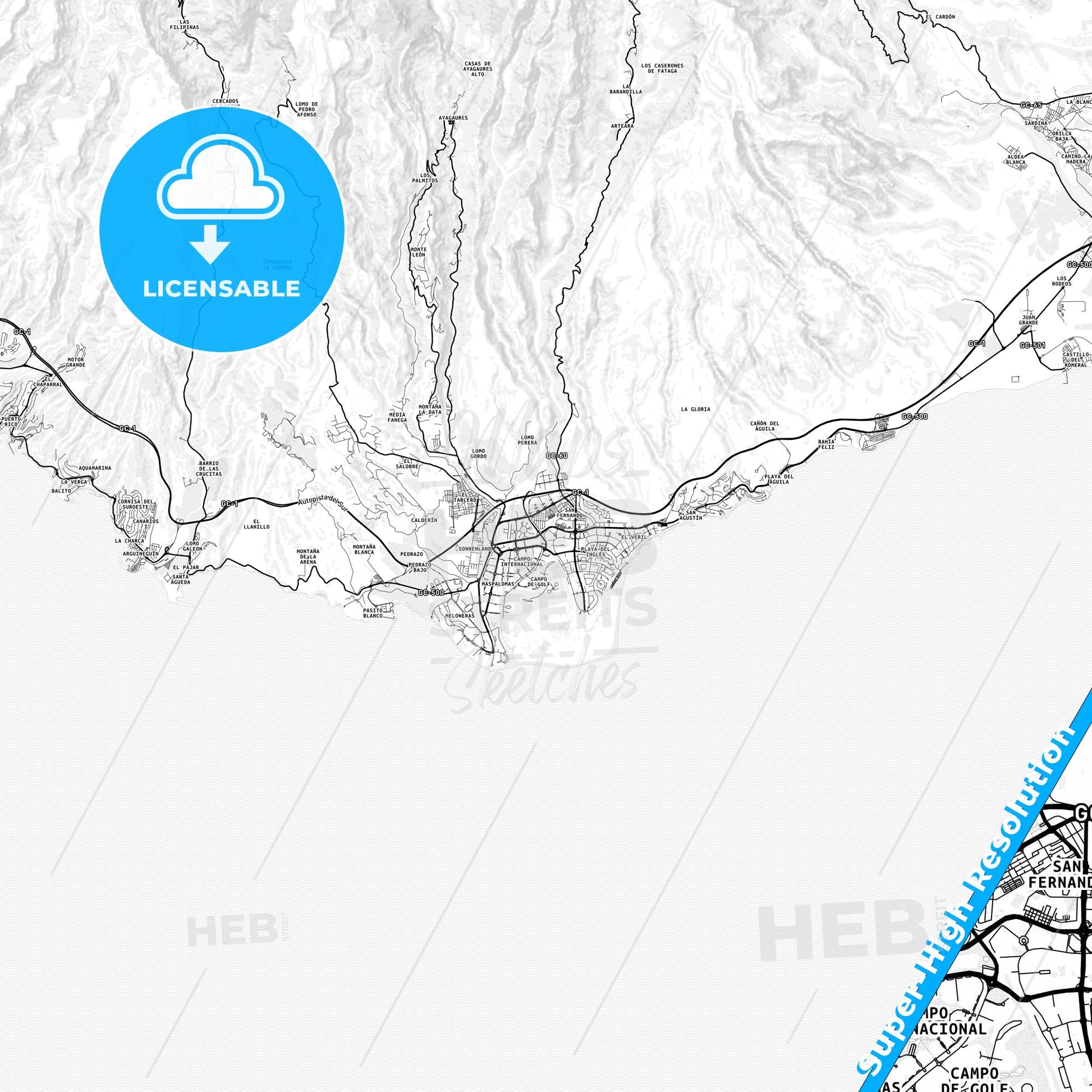 Maspalomas, Spain light map with streetnames, citynames and districts