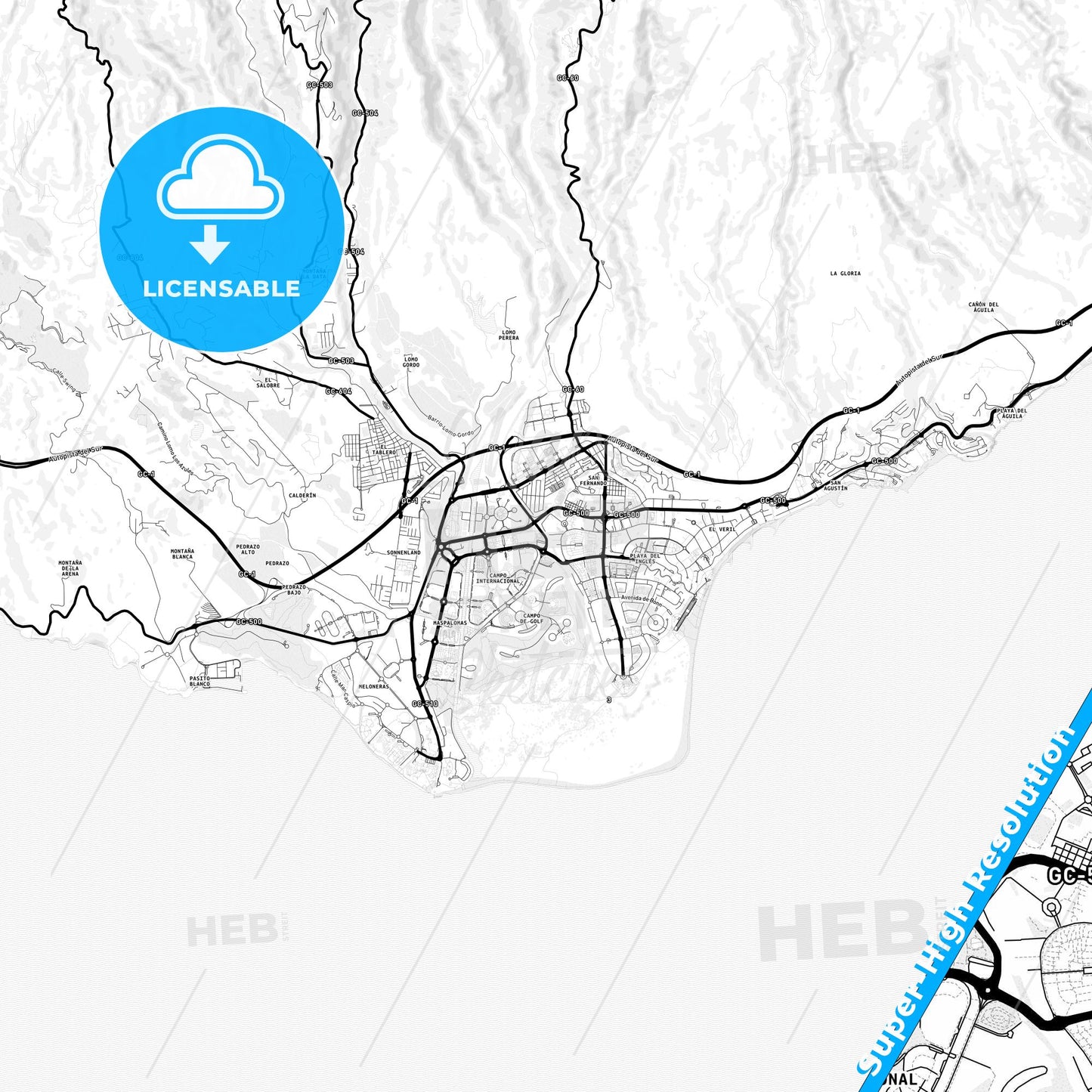 Maspalomas, Spain Light Map with Street Names, City Names, and Districts