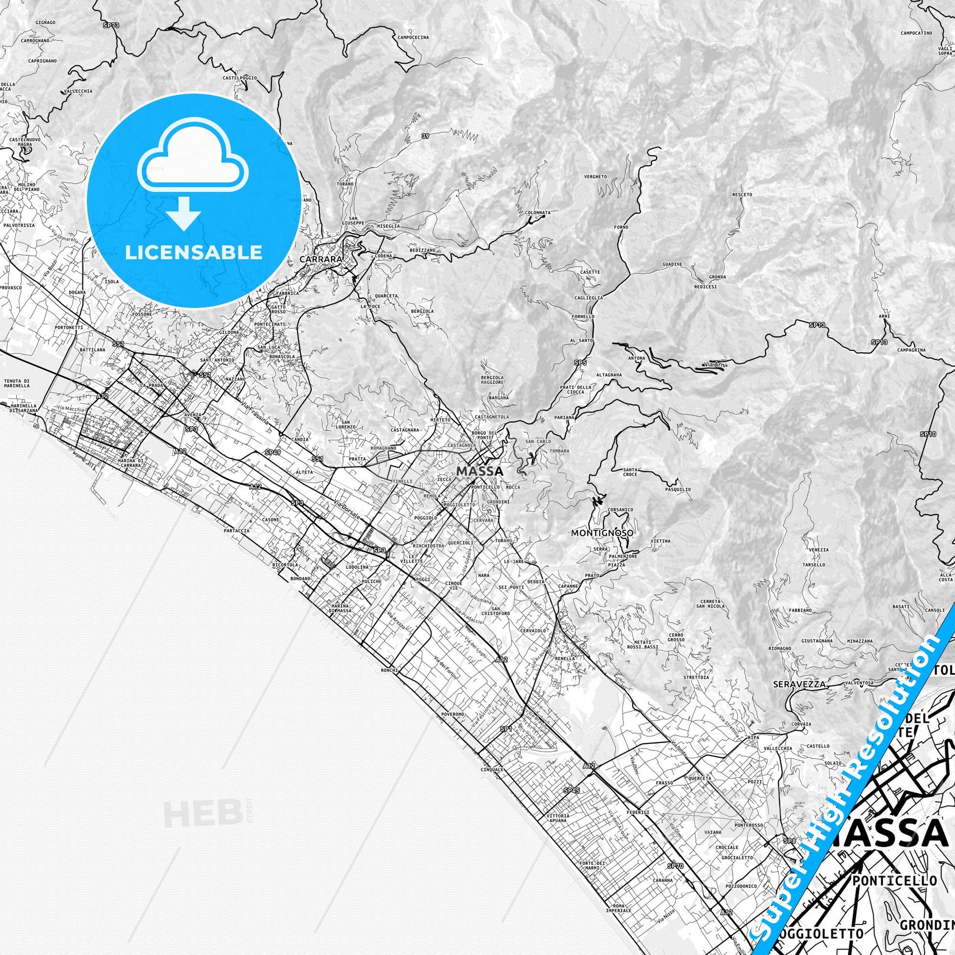 Massa, Italy light map with streetnames, citynames and districts