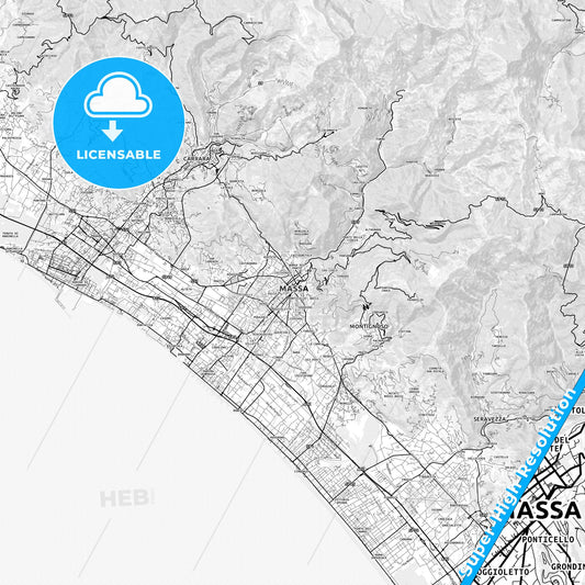 Massa, Italy light map with streetnames, citynames and districts