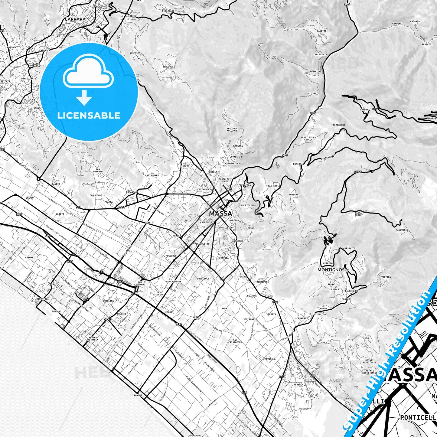 Massa, Italy Light Map with Street Names, City Names, and Districts