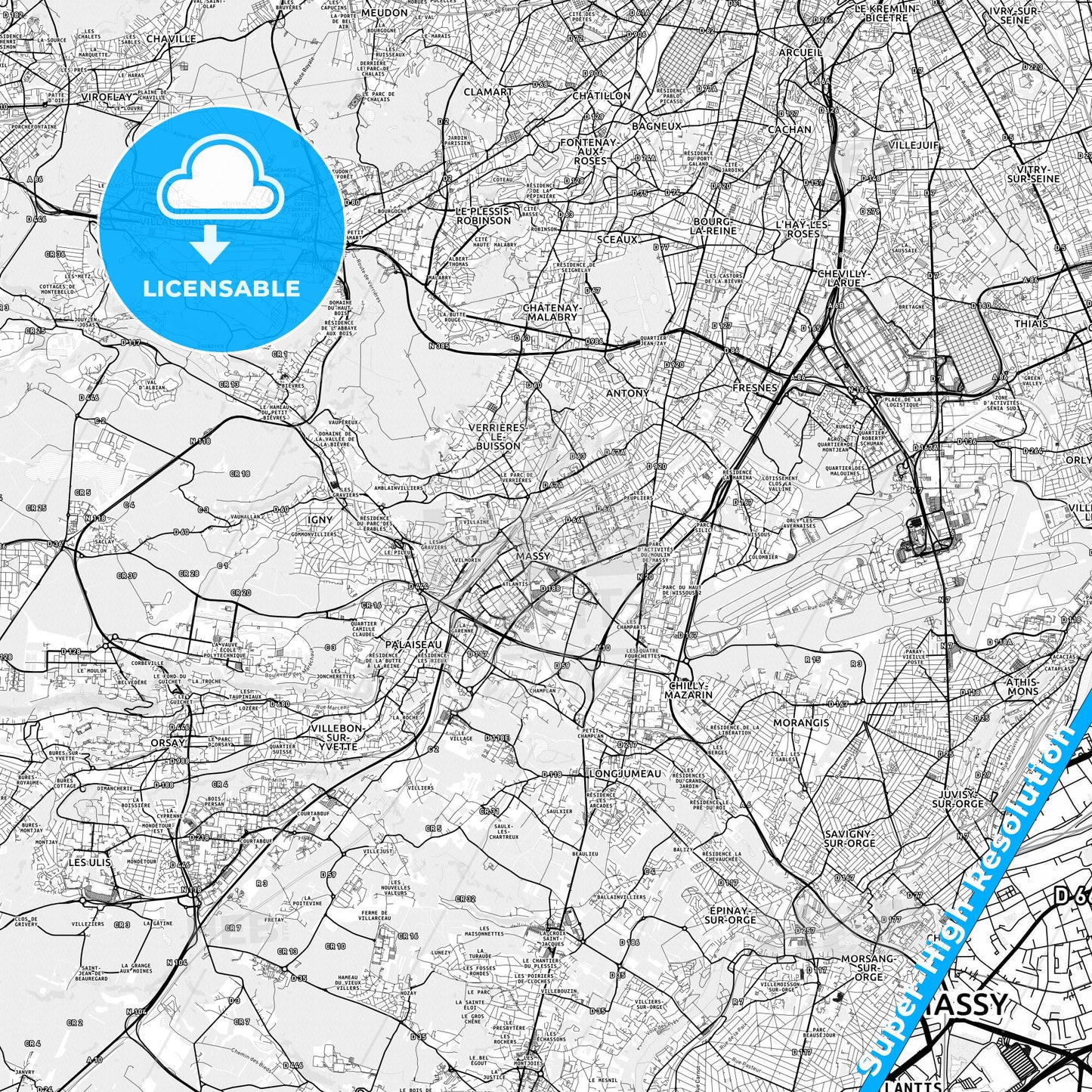 Massy, France light map with streetnames, citynames and districts