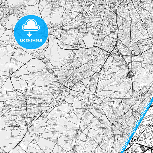 Massy, France light map with streetnames, citynames and districts