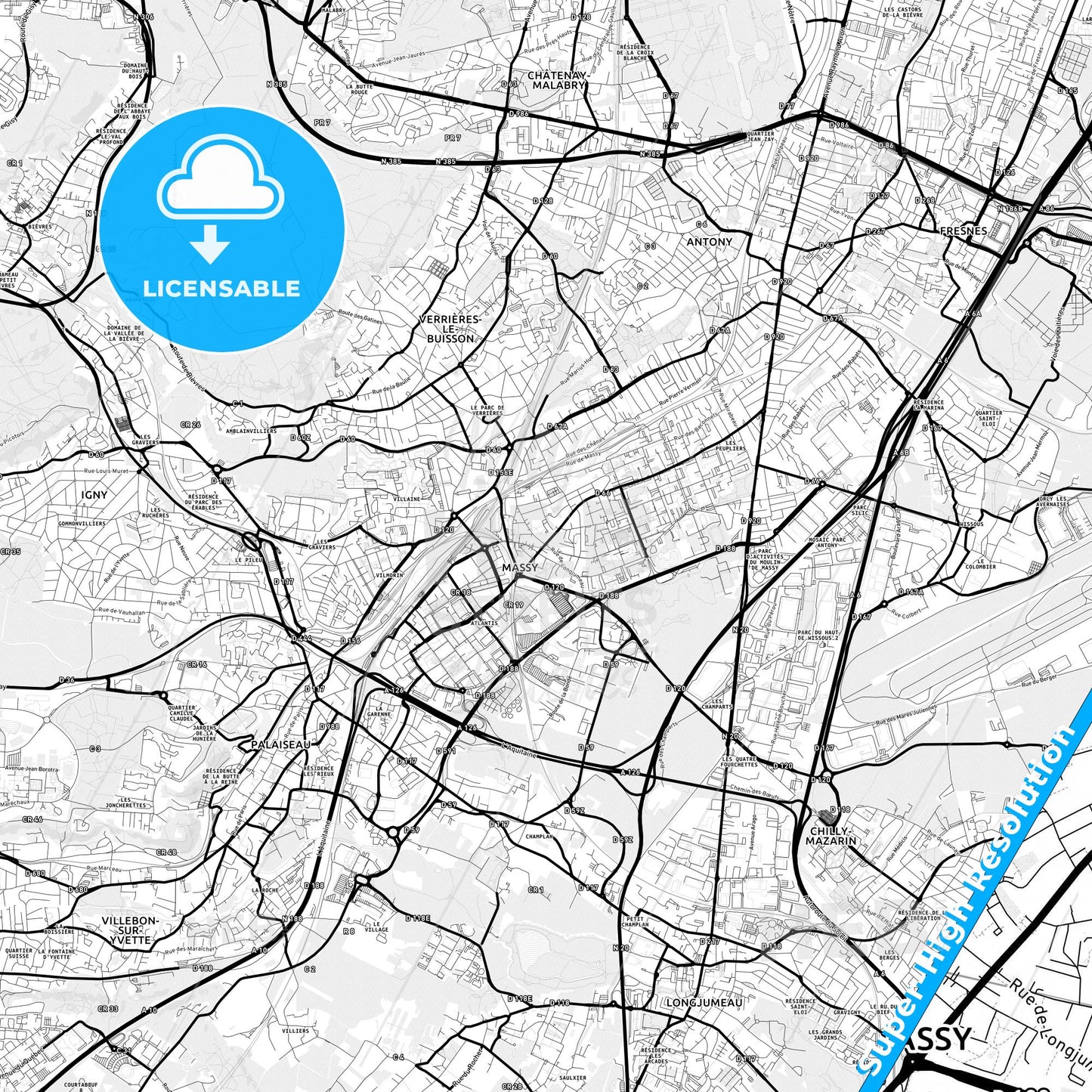 Massy, France Light Map with Street Names, City Names, and Districts