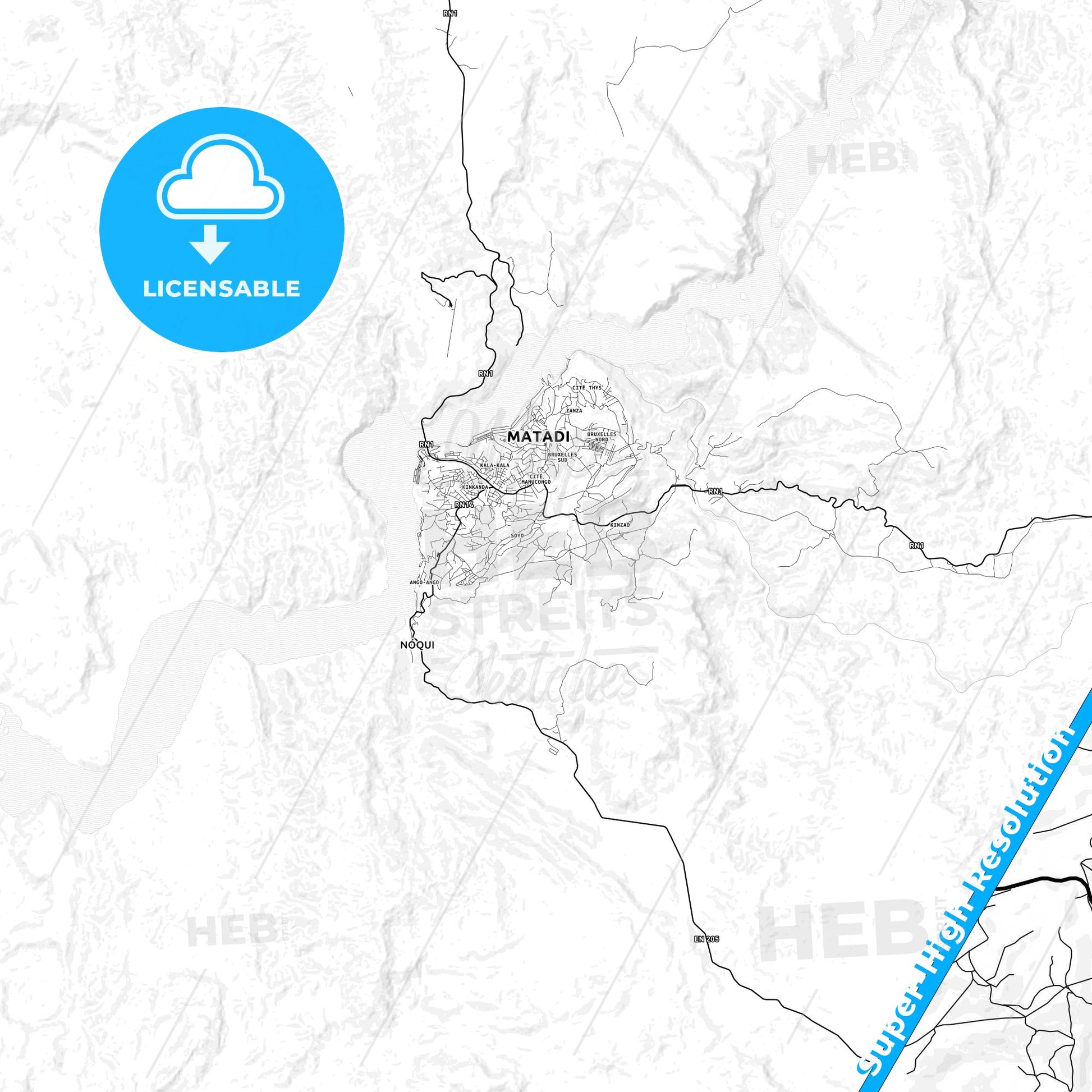 Matadi, DR Congo light map with streetnames, citynames and districts