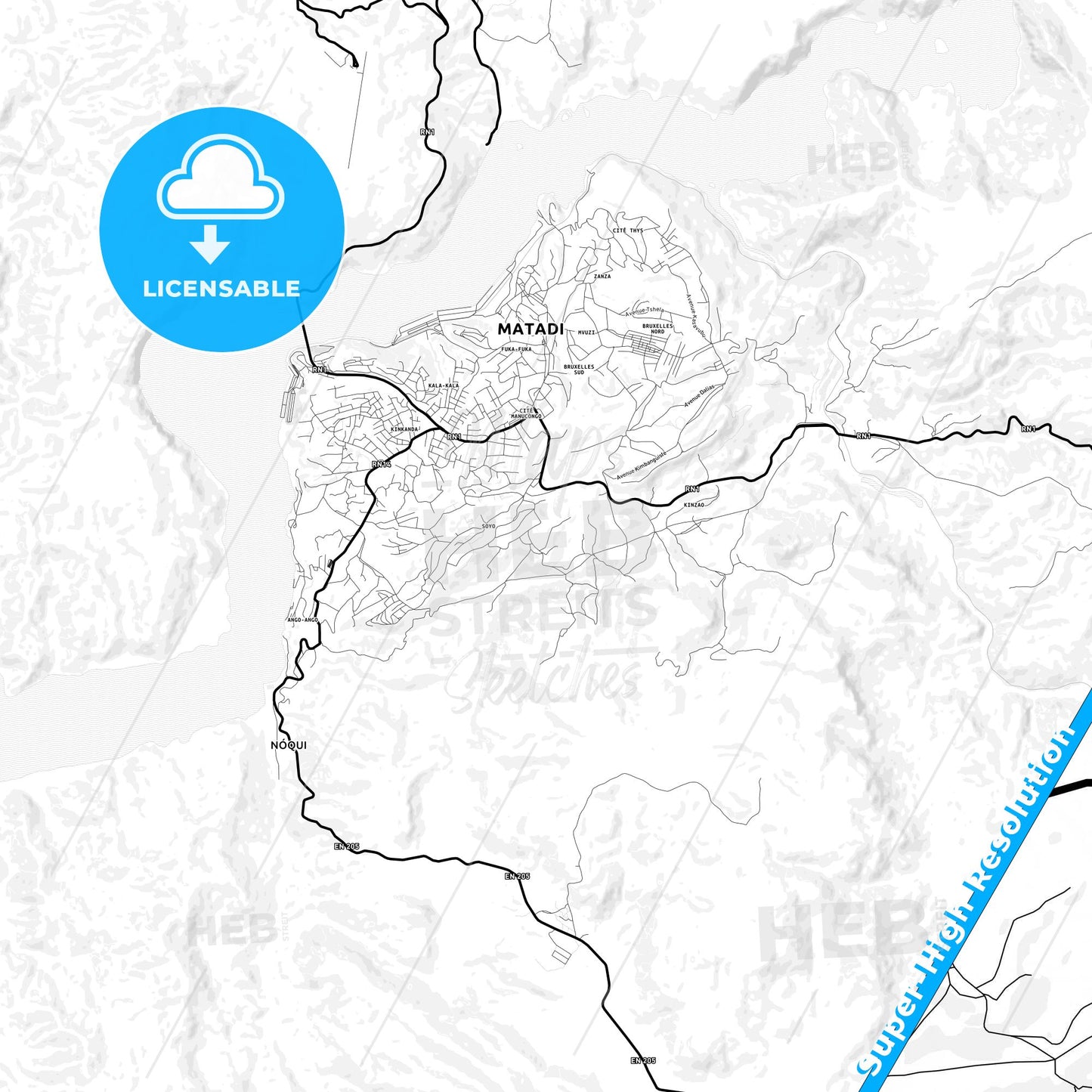 Matadi, DR Congo Light Map with Street Names, City Names, and Districts