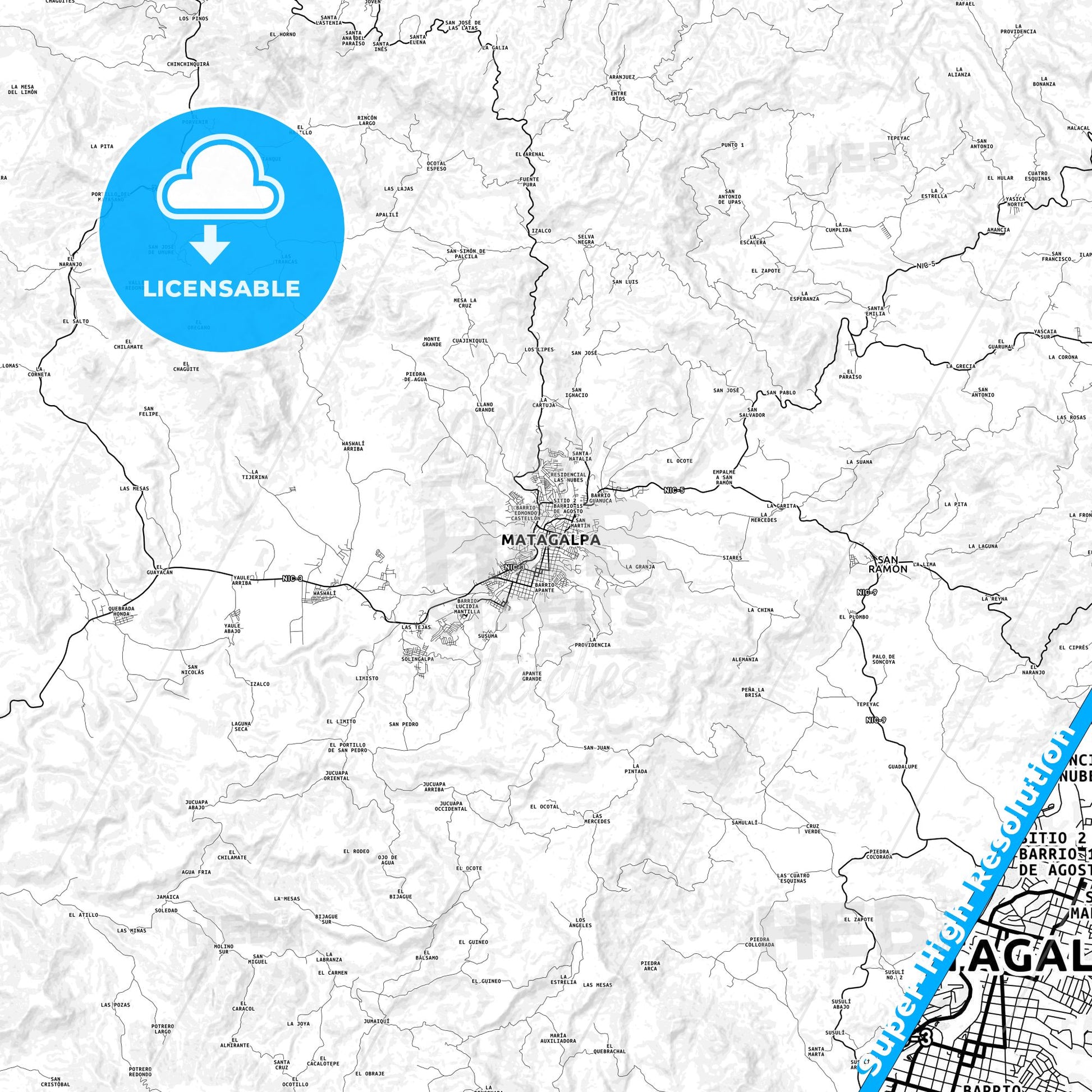 Matagalpa, Nicaragua light map with streetnames, citynames and districts