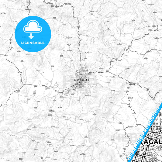 Matagalpa, Nicaragua light map with streetnames, citynames and districts