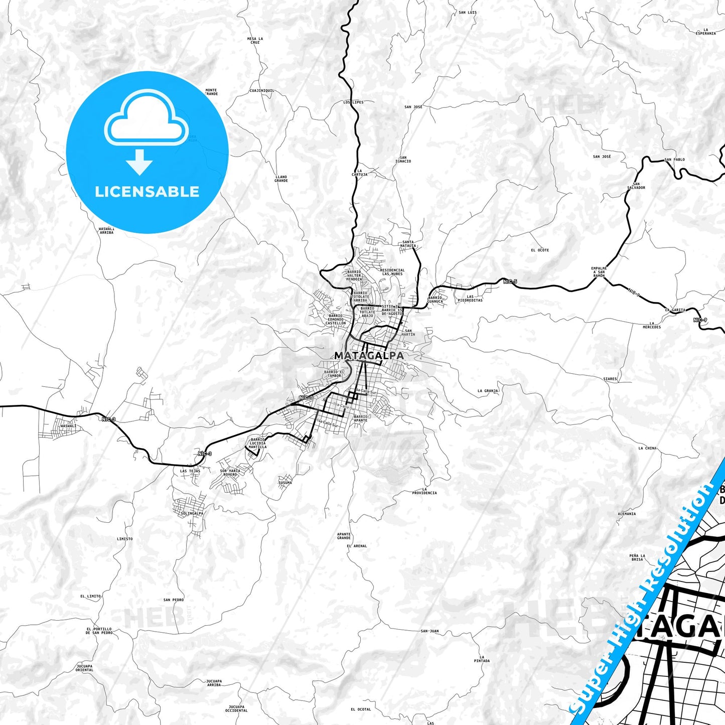 Matagalpa, Nicaragua Light Map with Street Names, City Names, and Districts
