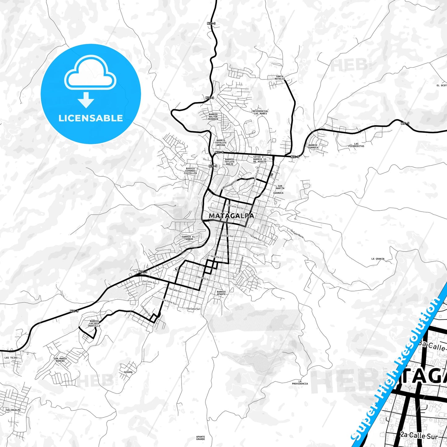 Matagalpa, Nicaragua Light Map with Street Names, City Names, and Districts