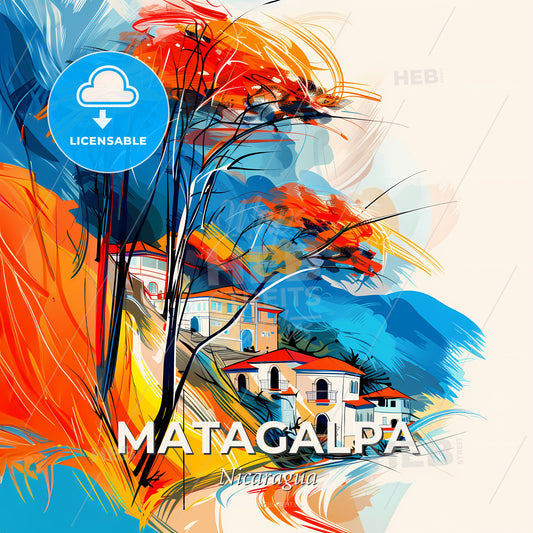 Vibrant Matagalpa, Nicaragua - A Painting Of A House And Trees - Square format print template