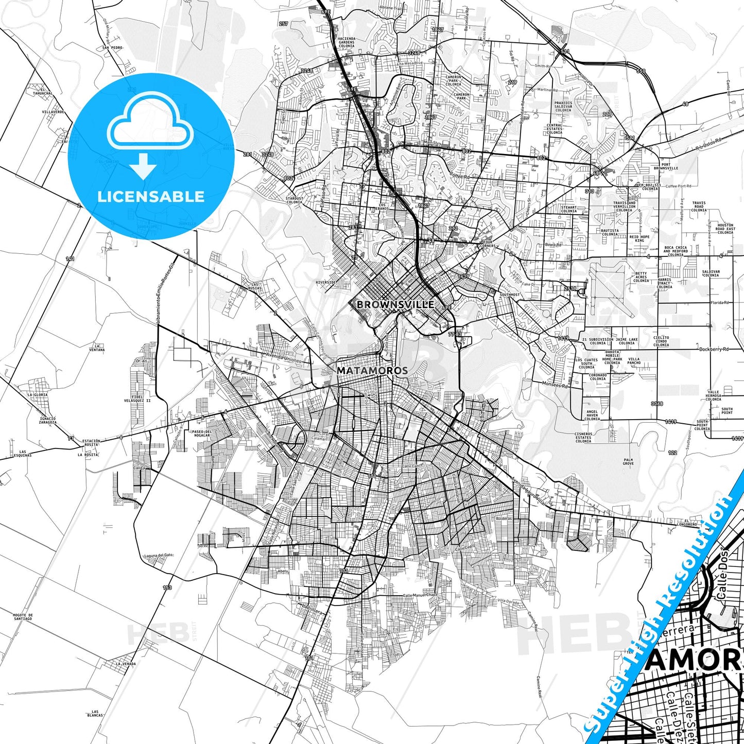 Matamoros, Mexico light map with streetnames, citynames and districts