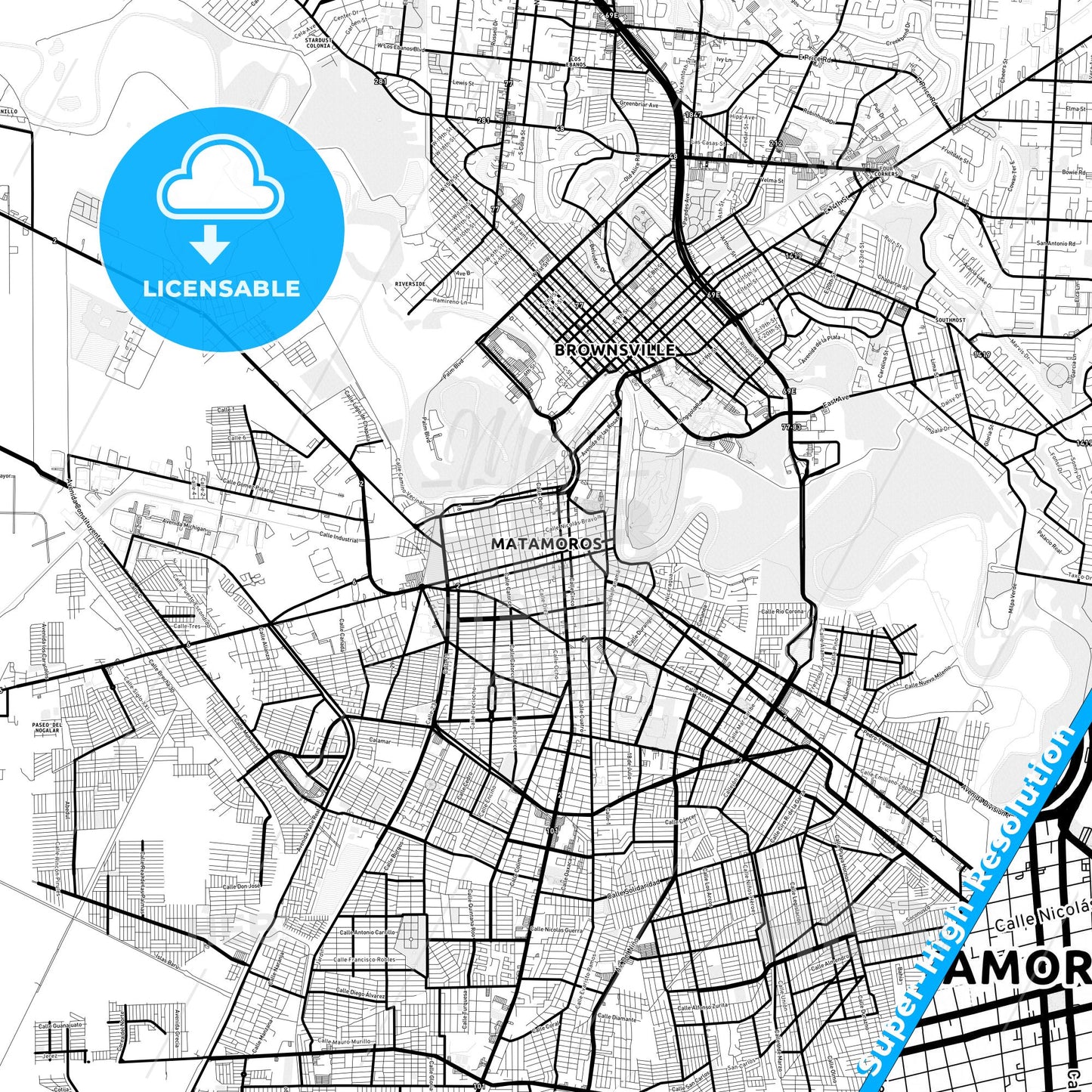 Matamoros, Mexico Light Map with Street Names, City Names, and Districts