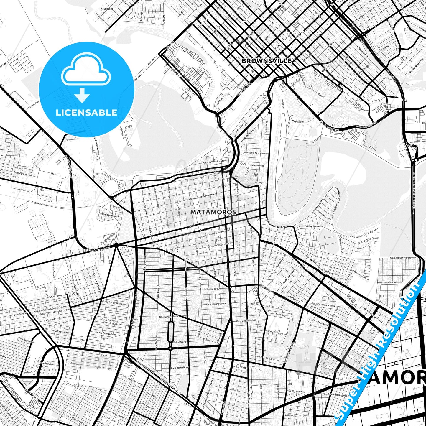 Matamoros, Mexico Light Map with Street Names, City Names, and Districts