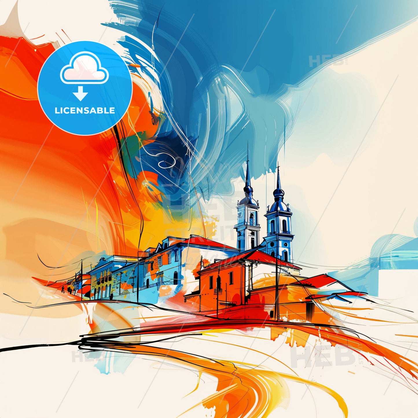 Vibrant Matamoros, Mexico - A Painting Of A Building With Towers And A Red And Blue Sky