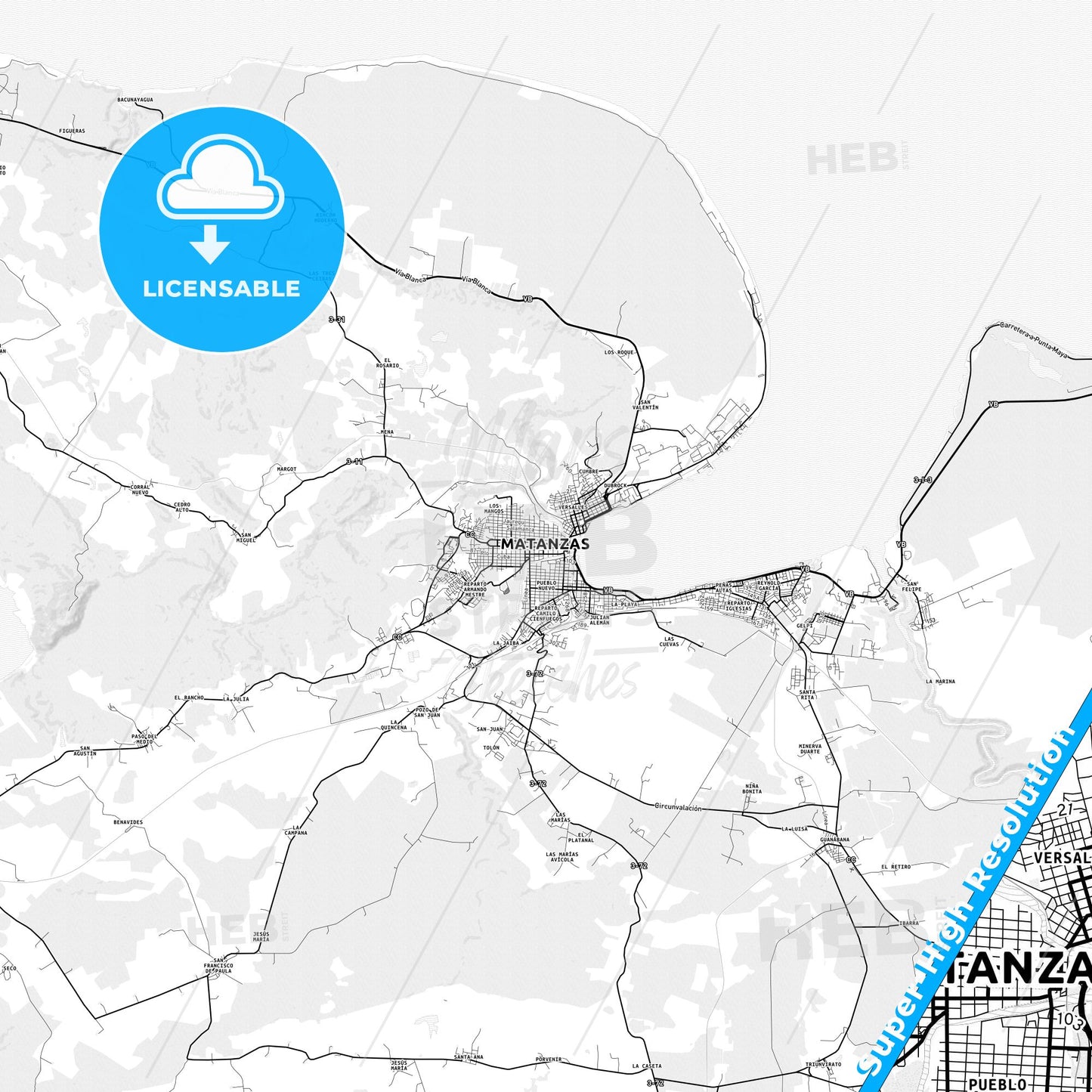 Matanzas, Cuba light map with streetnames, citynames and districts