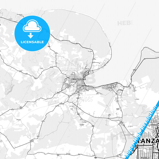 Matanzas, Cuba light map with streetnames, citynames and districts