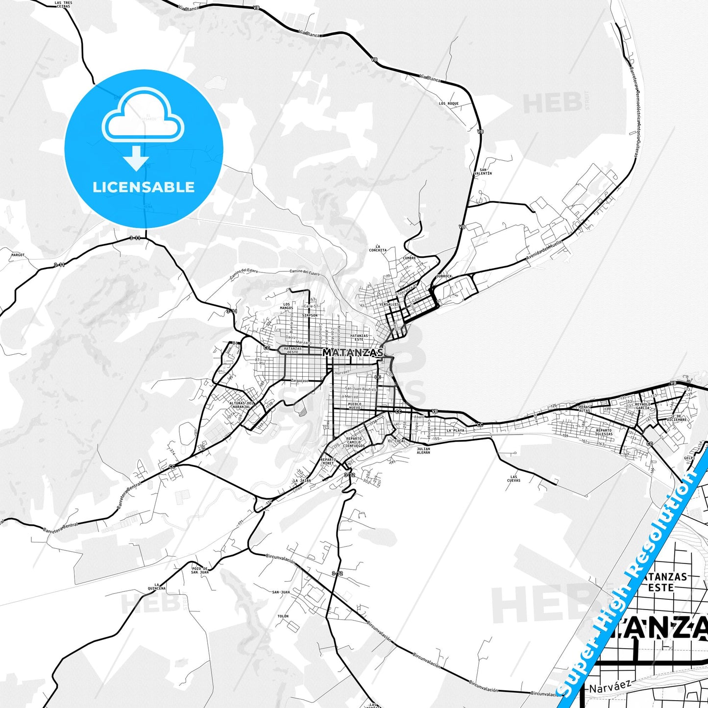 Matanzas, Cuba Light Map with Street Names, City Names, and Districts