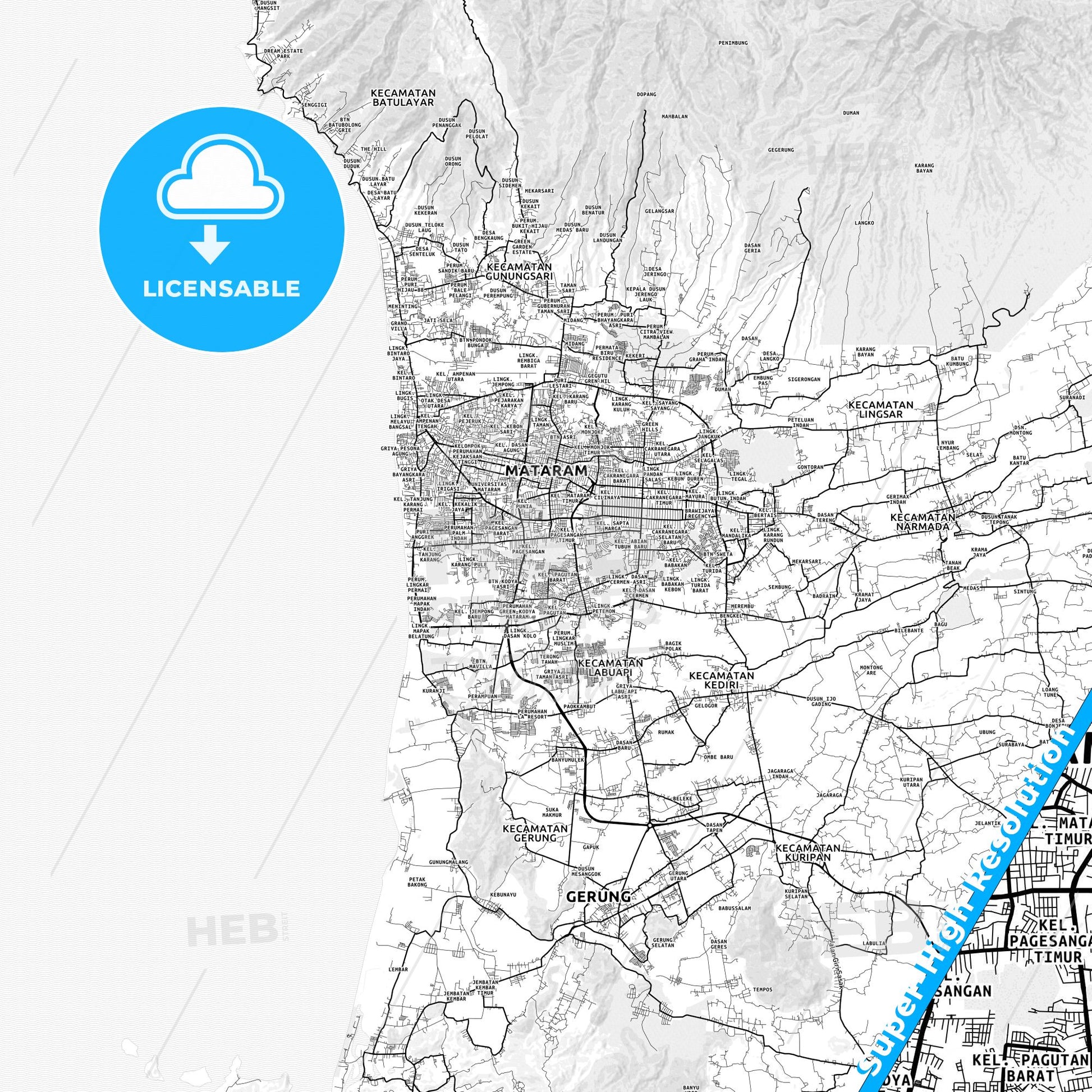 Mataram, Indonesia light map with streetnames, citynames and districts
