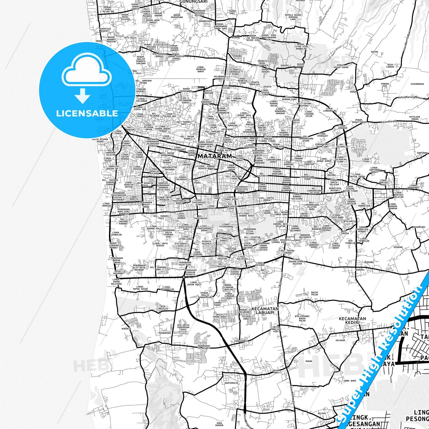 Mataram, Indonesia Light Map with Street Names, City Names, and Districts