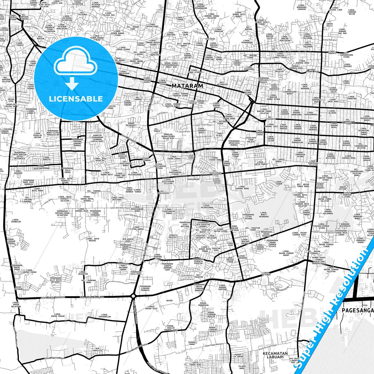 Mataram, Indonesia Light Map with Street Names, City Names, and Districts