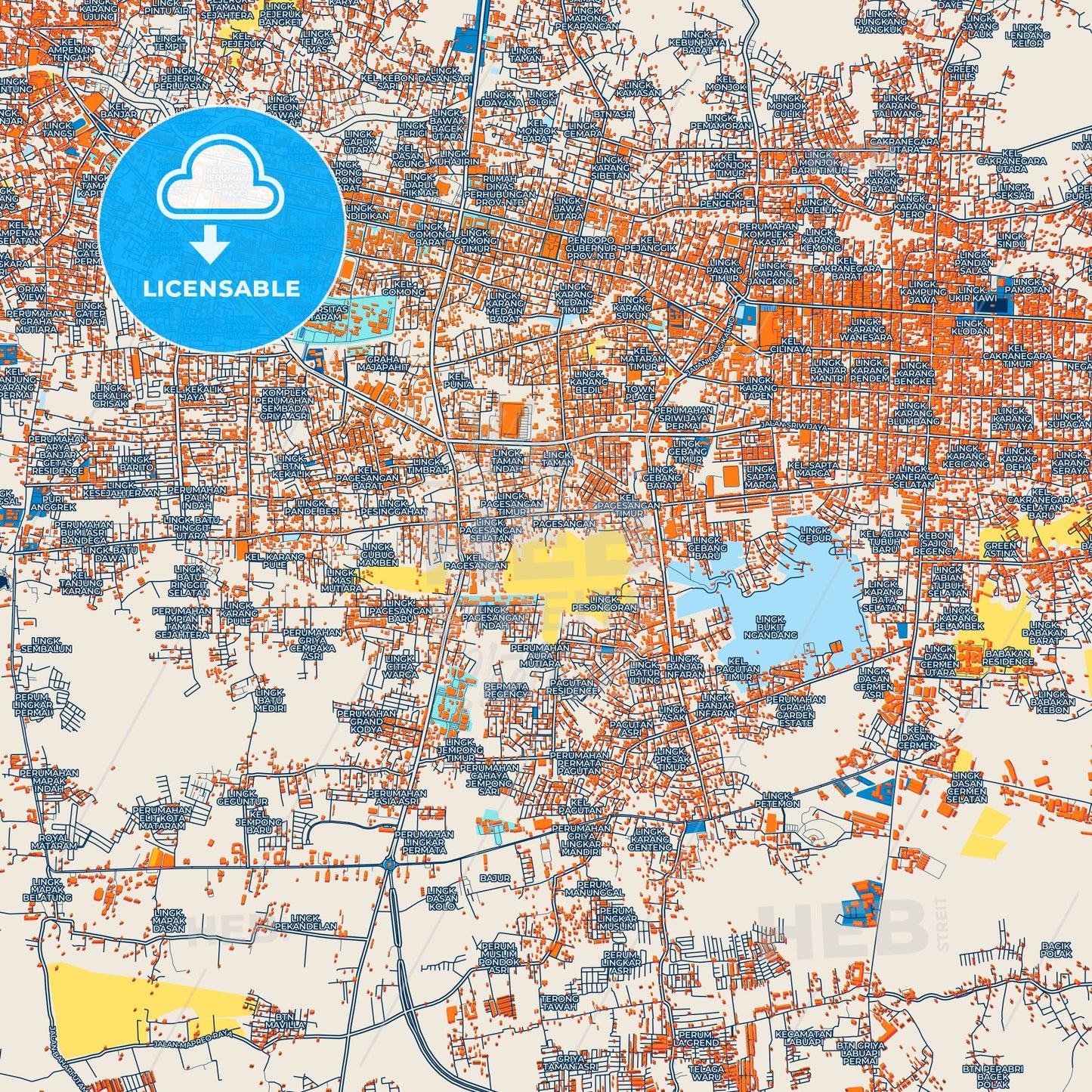 Colorful Mataram Street Map with Labels and Buildings