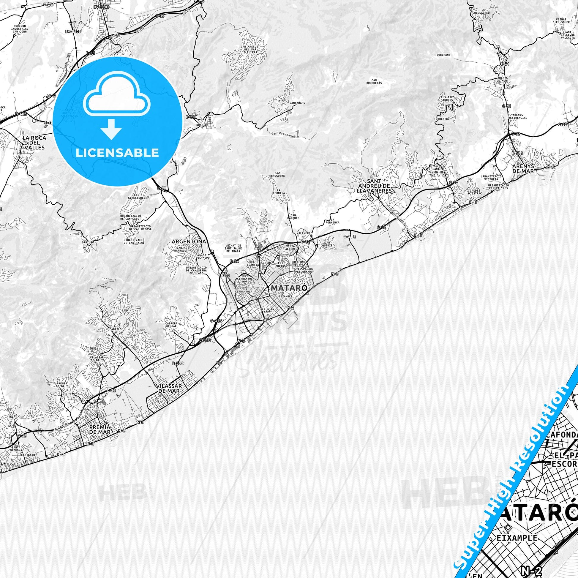Mataró, Spain light map with streetnames, citynames and districts