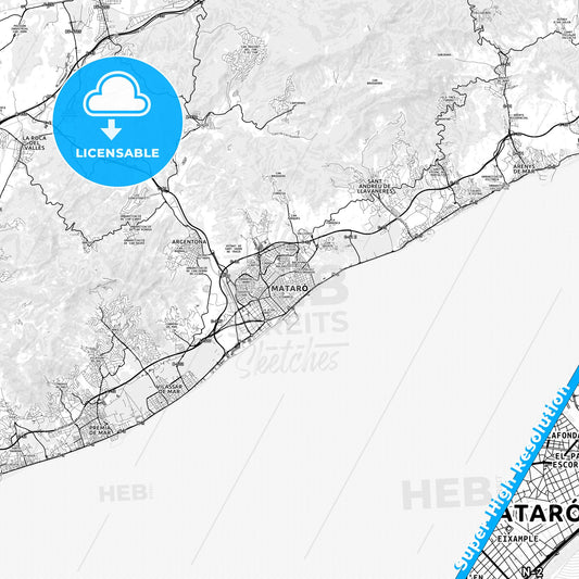 Mataró, Spain light map with streetnames, citynames and districts