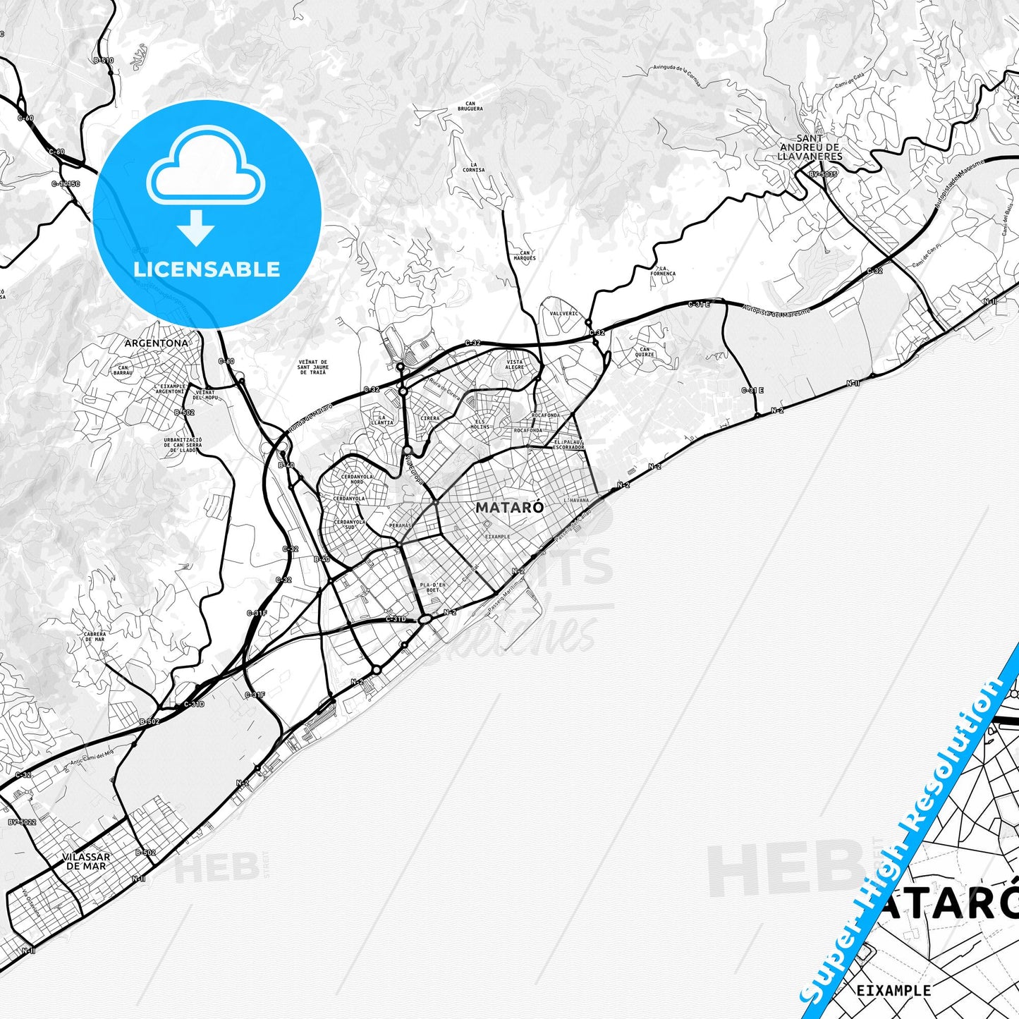 Mataró, Spain Light Map with Street Names, City Names, and Districts