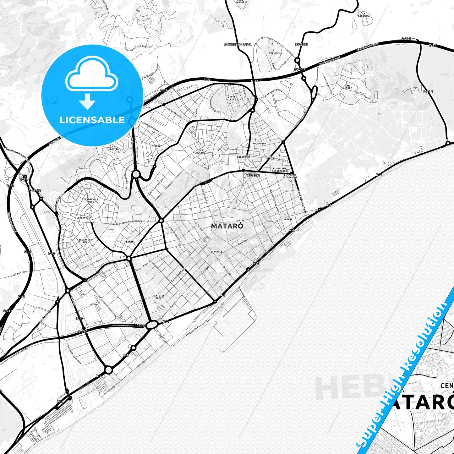 Mataró, Spain Light Map with Street Names, City Names, and Districts