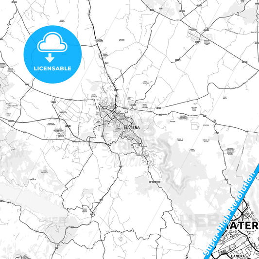 Matera, Italy light map with streetnames, citynames and districts