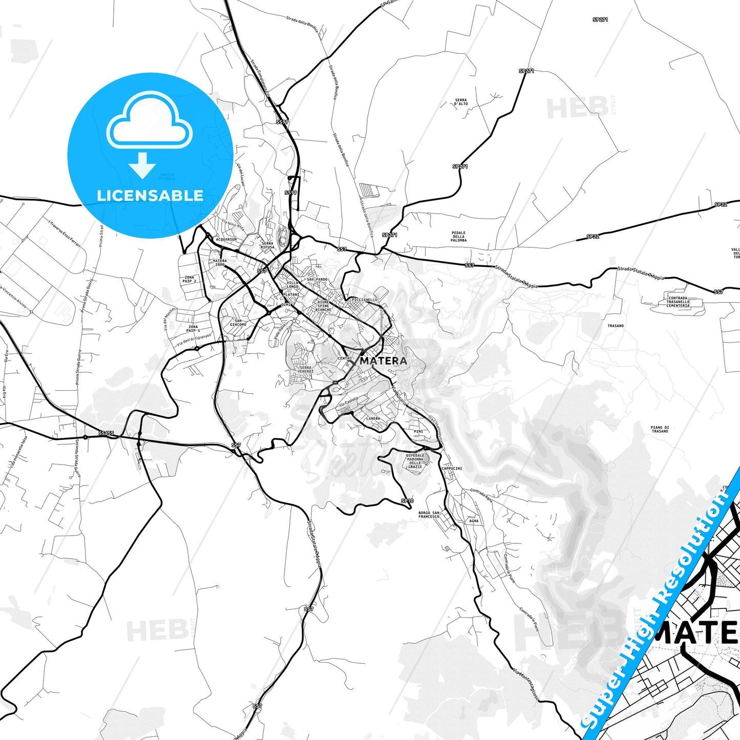 Matera, Italy Light Map with Street Names, City Names, and Districts